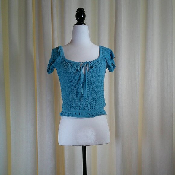 Guess Teal Knit Puff Sleeve Crop Top with Front Tie Size S - Picture 5 of 8